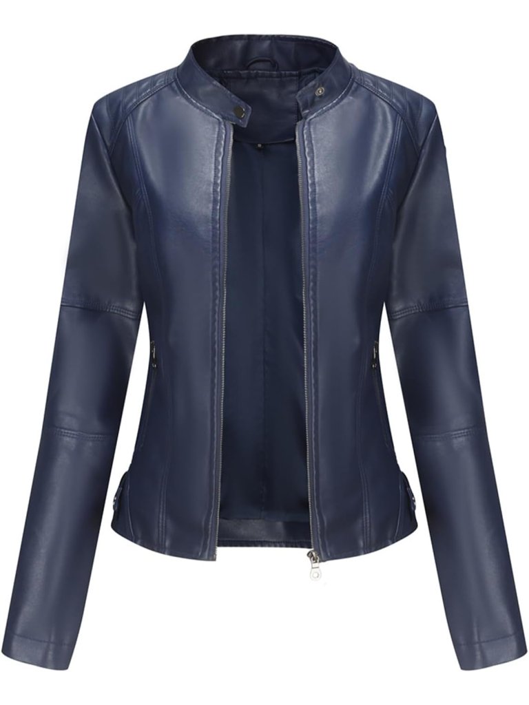 Women's Blue Faux Leather Belted Suitable Motorcycle Long Sleeve Bomber Jacket